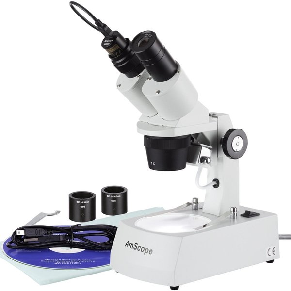 Amscope 10X-60X Multi-Lens Stereo Microscope, Angled Head, Top/Bottom Halogen Light, 1.3MP Camera SE305R-AZ-E1